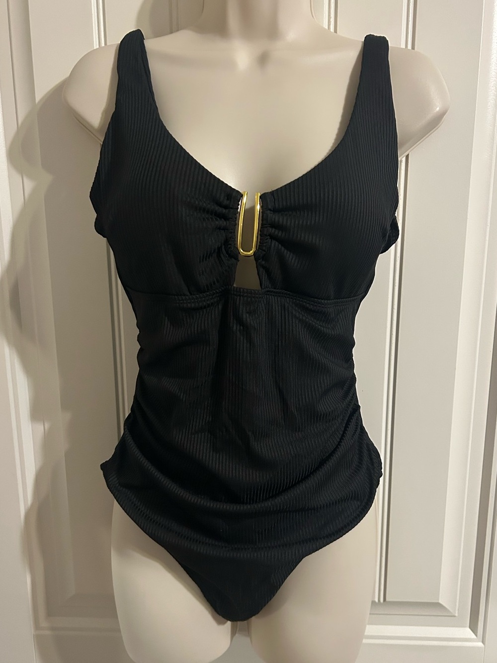 NWT B2Prity Black Ribbed One-Piece Swimsuit with Gold Accent Sz M